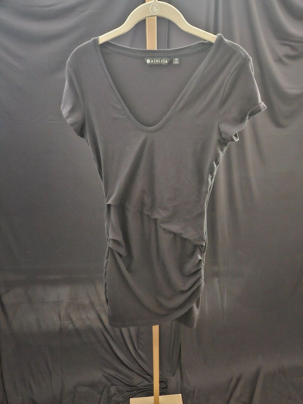 ATHLETA TOPANGA V-NECK SHORT-SLEEVE BLACK RUCHED DRESS SZ XS